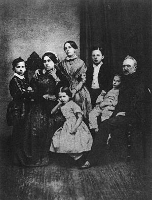 Tchaikovskys family in 1848 From left to right sitting Alexandra Andreevna Tchaikovska Alexandra Ippolit Ilya Petrovitch Tchai Family 2.jpg